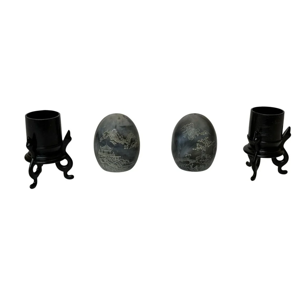 Vintage Asian‎ Hong Kong Etched Design Plastic Egg Salt Pepper Shaker Set